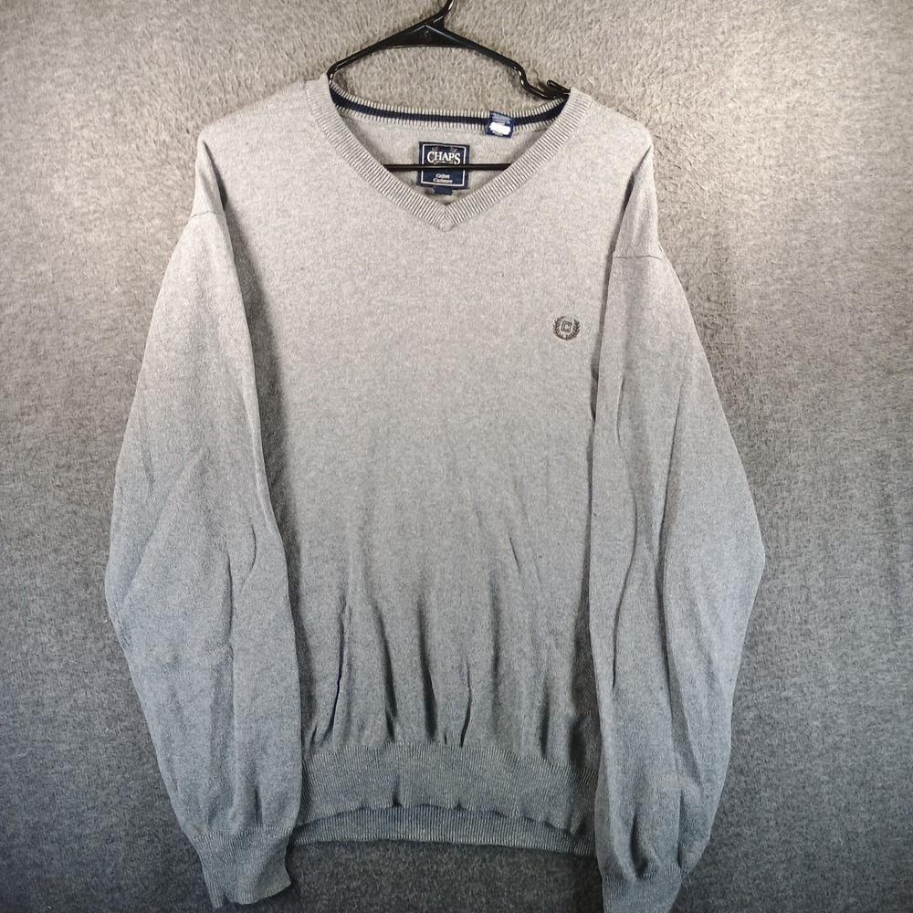 Chaps Sweater Jumper Men L Grey V Neck Long Sleeve Knit Logo Outdoors Preppy
